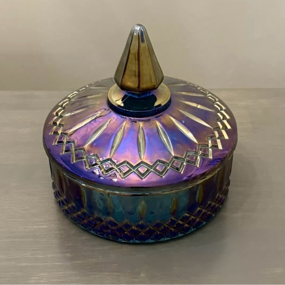 Vintage Indiana Glass Peacock Blue Carnival Iridescent Candy Dish Bowl With Lid